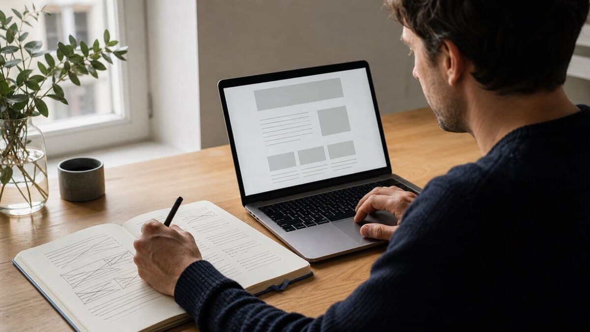 Entrepreneur rédigeant et simplifiant les textes de son site entre un carnet de travail et un ordinateur portable