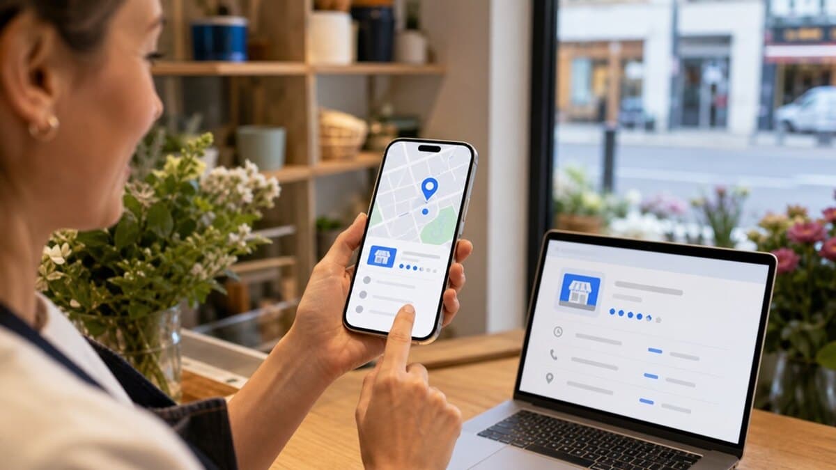 Commerçante consultant la position de son établissement sur une carte locale depuis son téléphone