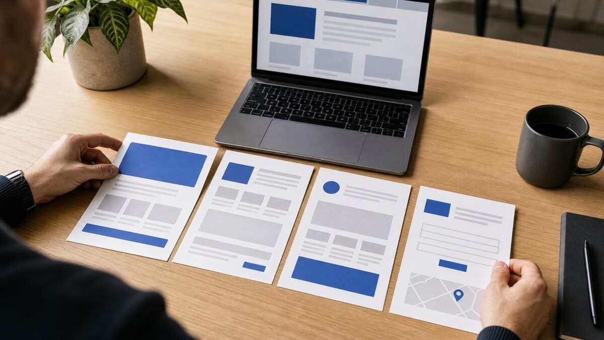 Entrepreneur organisant quatre maquettes de pages web devant un ordinateur portable affichant la structure de son site