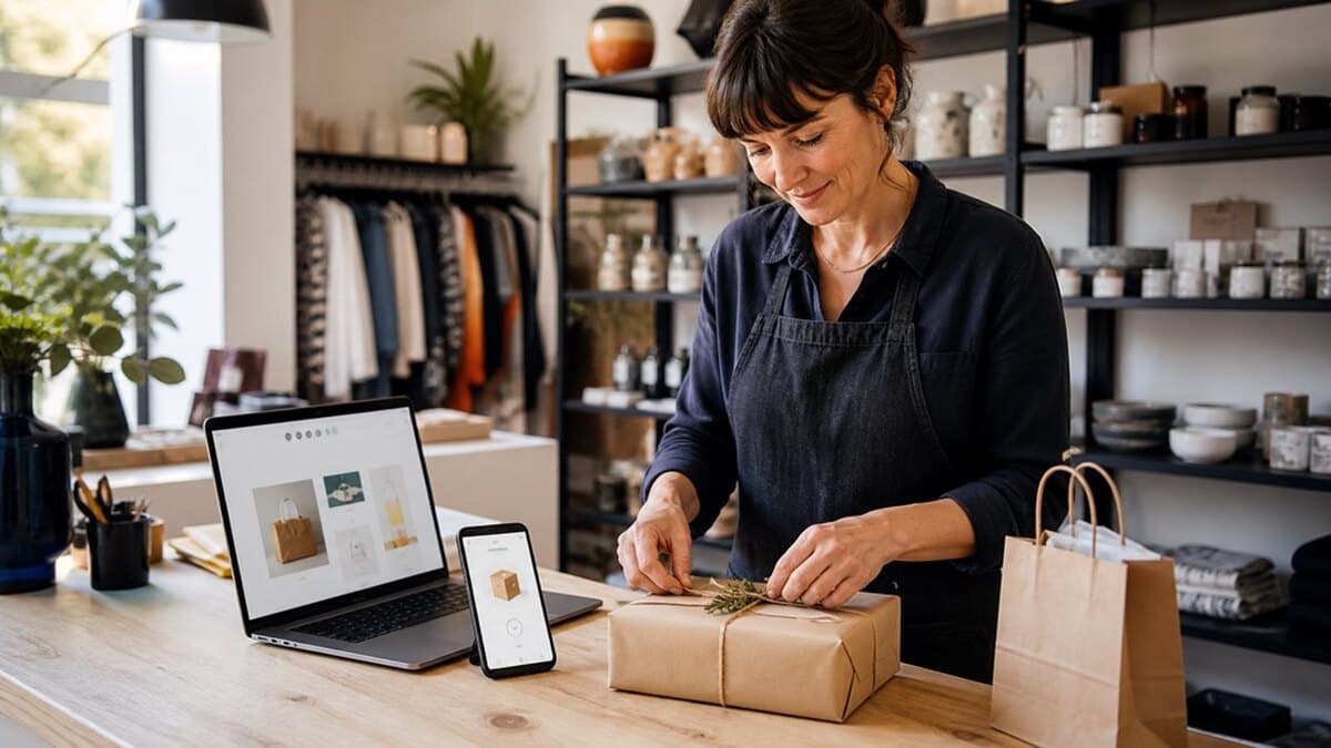 Commerçante préparant une commande reçue sur sa boutique en ligne, avec un colis et un sac de retrait en magasin