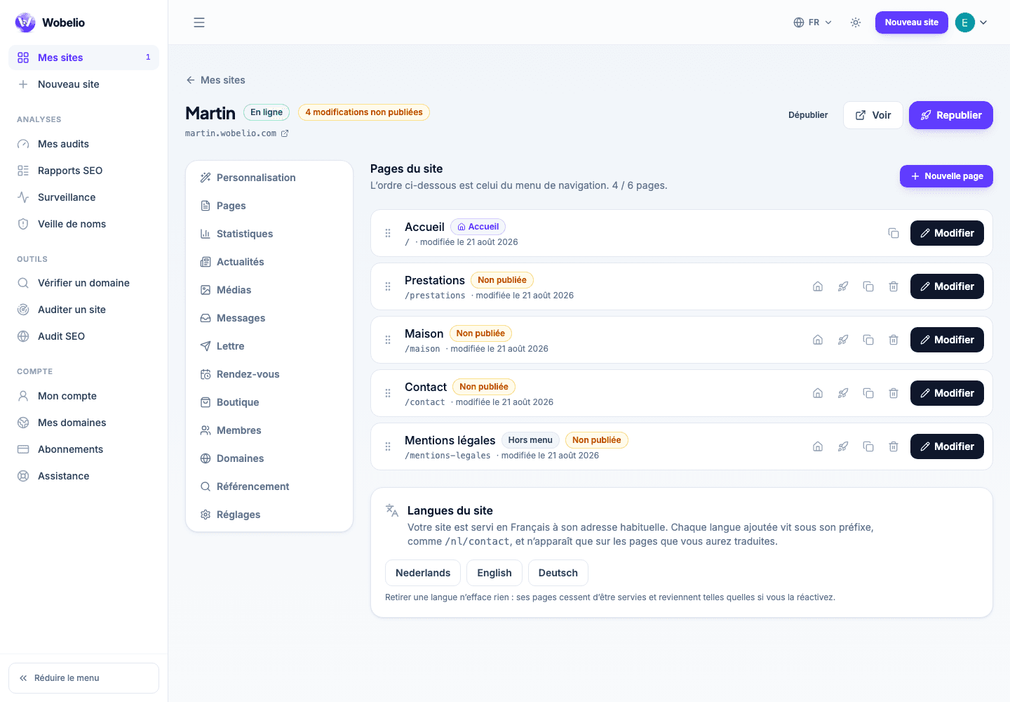 Liste des pages Wobelio incluant les mentions légales du site.