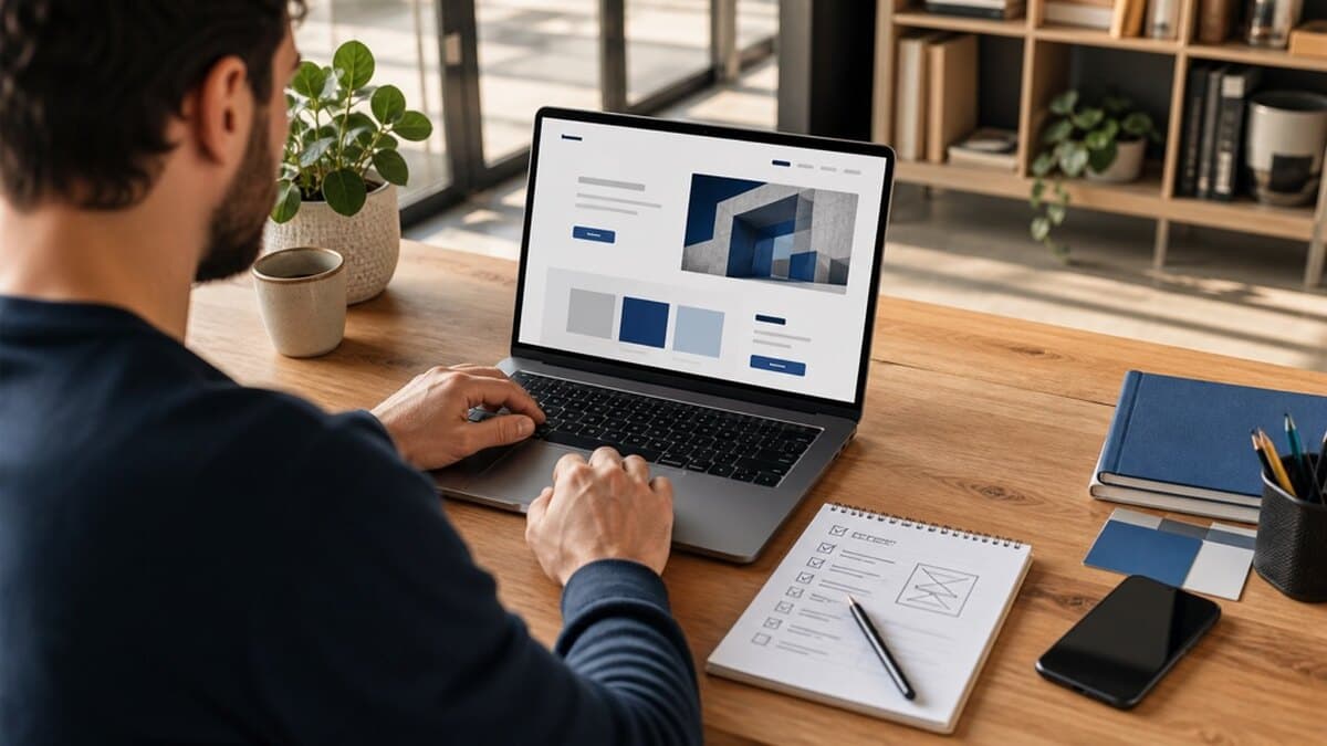 Entrepreneur construisant son site professionnel sur un ordinateur portable, une liste de préparation posée à côté
